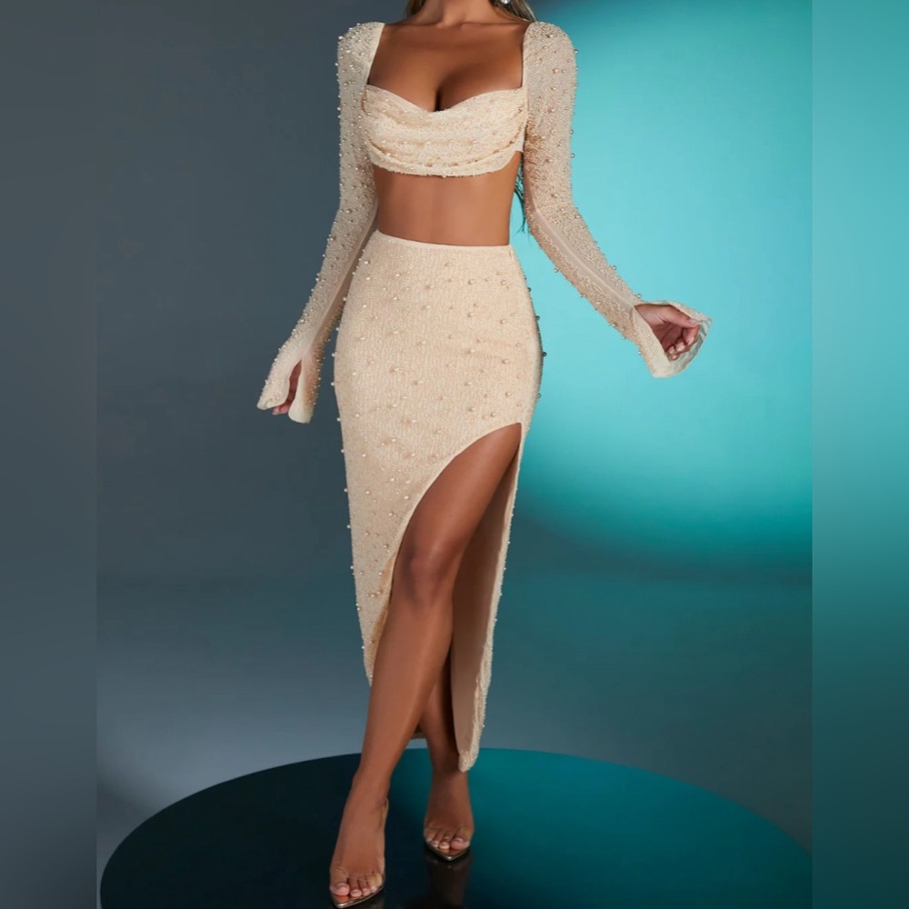 Embellished Cowl Neck Crop Top and Skirt set in Sand